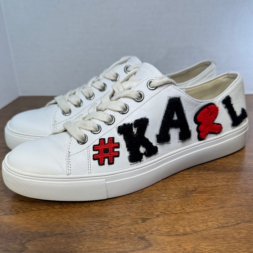 Karl Lagerfeld Paris Cate Pins Leather Lace-up Sneakers w/ Patches Womens sz 6.5